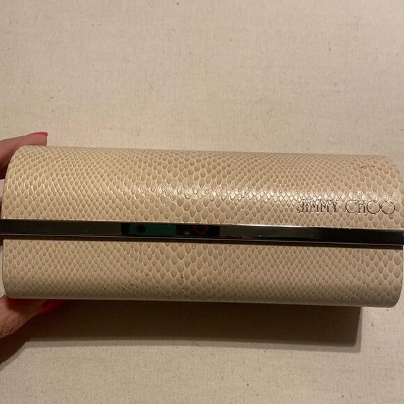 Jimmy Choo Hard Sunglasses Case - Cream/silver Snakeskin, 6.75”x 2”x 2” - Picture 1 of 10
